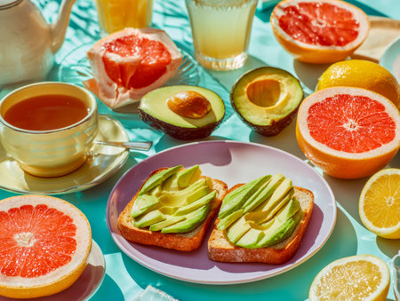 A colorful breakfast spread featuring creamy avocado on toasted bread, bright citrus slices, and a...