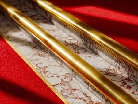 Luxurious staircase features polished marble surfaces, gleaming gold railings, and vibrant red...