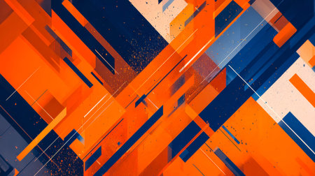 Dynamic composition of bold orange and blue streaks with energetic splashes, creating a lively,...