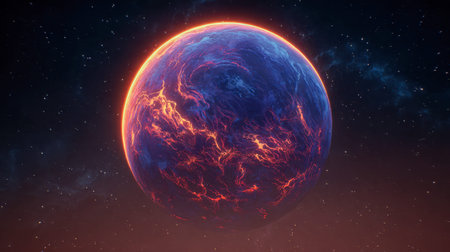 A radiant celestial body pulses with fiery cracks, casting warm glows across the void while...