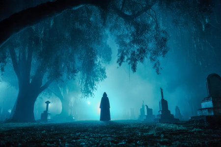 A shadowy silhouette cloaked in a hooded garment peers through thick fog amid centuries-old oaks and...