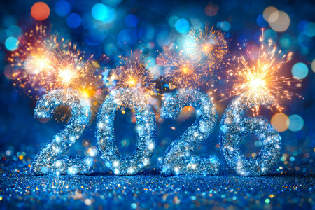 Bright bursts of fireworks illuminate a festive scene adorned with shimmering "2026" ornaments and dazzling lights, capturing the joyful spirit of welcoming a new year.の写真素材