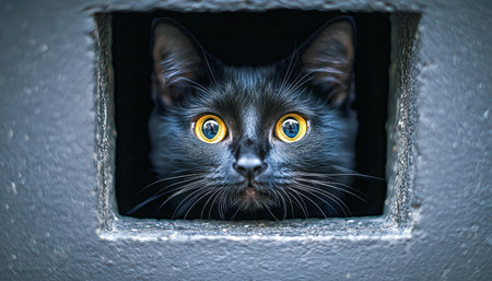 A sleek black feline with keen eyes explores a tiny gap, its inquisitive gaze hinting at mystery and quiet curiosity.の写真素材