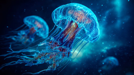 Neon-lit creatures drift silently through dark waters, their mesmerizing glow igniting the depths of...