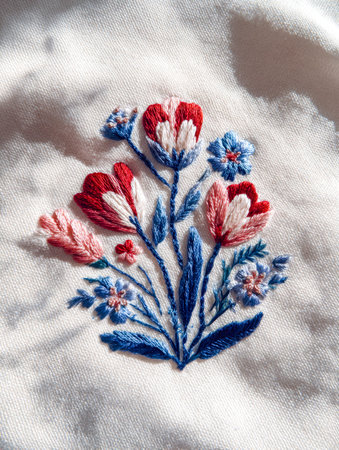 Delicately crafted needlework featuring vibrant red, white, and blue flowers embellishing smooth,...