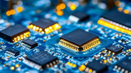 Intricate array of tiny microchips and luminous elements highlights the complex inner workings of...