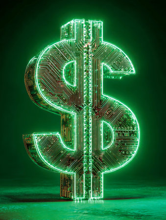 A luminous green dollar sign rendered with intricate circuit patterns, symbolizing the fusion of...