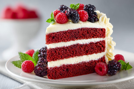 A tempting slice of rich red velvet layered cake with smooth frosting, garnished with ripe berries...