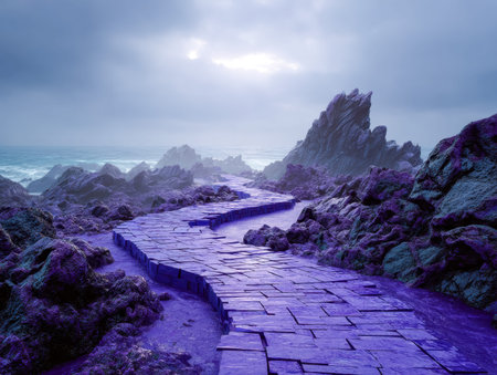 A enchanting trail bathed in violet glow winds along jagged shores under stormy skies, evoking a...