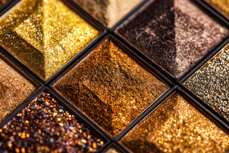 Vibrant hues and metallic sheens meld in this detailed shot of eye makeup collections, capturing the allure of shimmering, multi-dimensional finishes for bold looks.の写真素材