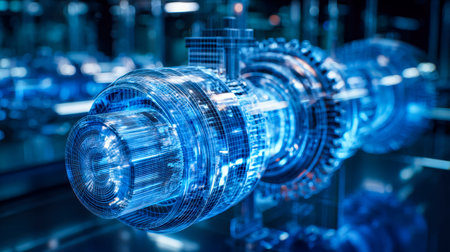 Intricate metallic gears and circuits illuminated by glowing blue holograms evoke a cutting-edge,...
