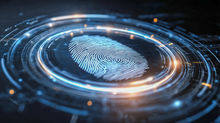 A sleek, high-tech device features a luminous, circular touchscreen displaying a scanning animation,...