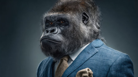 A commanding primate in a tailored suit gazes intently, embodying professionalism and authority, set...