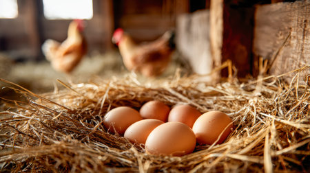 Rustic charm shines through as plump eggs rest amid straw in a cozy farm shed, with gentle chicken...