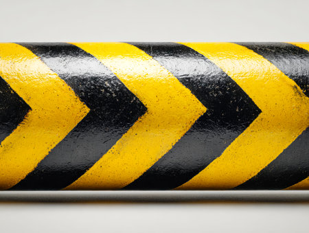 A sleek, reflective barrier featuring bold black and yellow stripes, its polished surface enhancing...