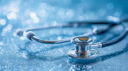 A detailed view of a medical stethoscope resting on a glistening, mirror-like surface, contrasted...