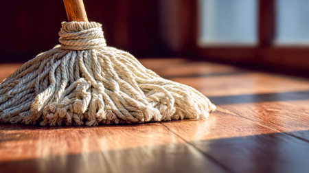 A clean, fluffy mop rests softly on gleaming wooden planks, bathed in warm sunlight that filters...