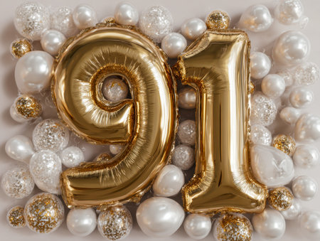 A sophisticated milestone celebration scene with oversized gold foil numerals amid a chic cluster of...