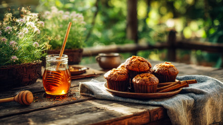 Warm, golden muffins drizzled with honey sit beside a steaming herbal infusion on a weathered wooden surface amid vibrant greenery.の写真素材