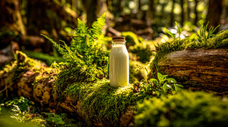 Fresh dairy in clear bottles rests atop a vibrant, mossy log amid dense greenery, evoking serenity...