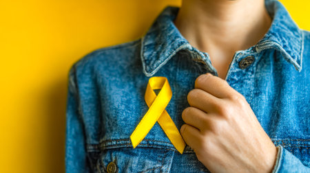 A person dressed in a classic denim jacket, proudly displaying a bright yellow awareness ribbon, set...