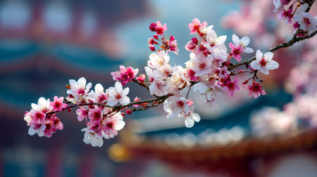 A detailed view of soft pink and white cherry blossoms emerging on a slender branch, set against a...