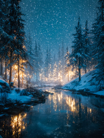 Under a velvet sky dotted with twinkling stars, snow blankets a peaceful forest, its icy river...