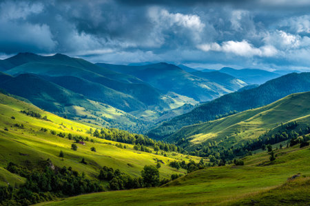 Rolling emerald valleys stretch towards towering peaks, their rugged silhouettes framed by a moody...