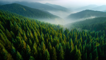Mystical dawn blankets verdant peaks in ghostly fog, revealing an untouched wilderness bursting with...