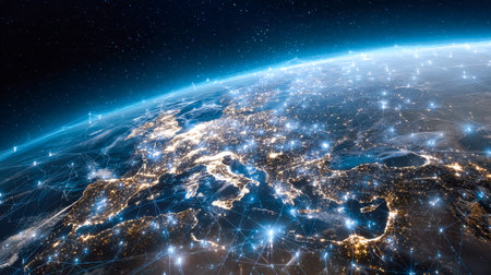 A vivid nighttime depiction of Earth's illuminated landmasses intertwined by glowing digital...