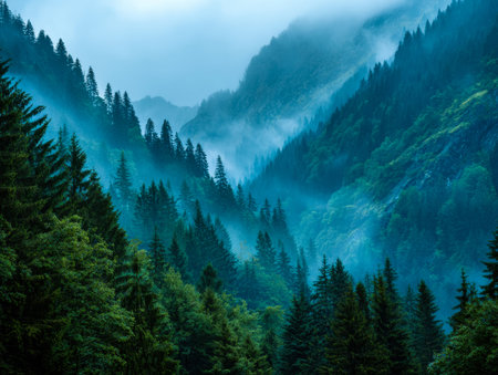 A tranquil scene featuring towering peaks shrouded in fog, with thick greenery blanketing the...