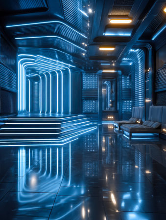 A cutting-edge lounge featuring vibrant neon accents, smooth curves, and glowing stairways that...