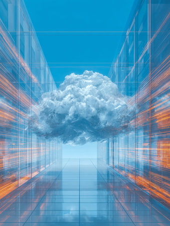 A sleek, illuminated corridor lined with luminous server units, featuring a hovering cloud icon that...