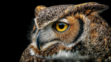 An intimate view revealing the owl's piercing yellow eye and intricate feather textures, capturing its regal presence and captivating natural beauty.の写真素材