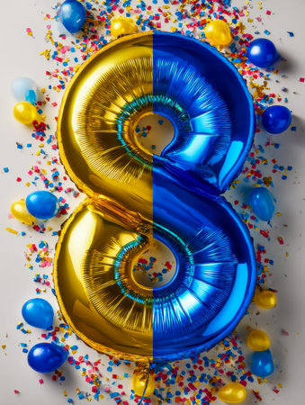 Vibrant party scene featuring shimmering gold and blue numeral balloons surrounded by lively...