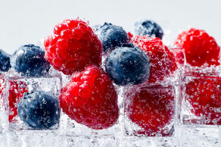 Juicy red and blue berries float in fizzy water with glistening ice cubes, creating a refreshing,...