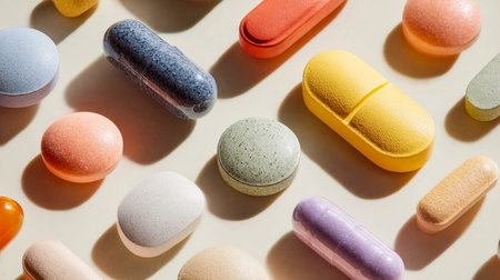 Vibrant variety of pills and soft gels cast soft shadows on a pale backdrop, emphasizing their bold...