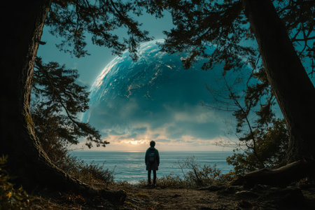 An solitary explorer stands amidst ancient, towering trees, contemplating a fantastical,...