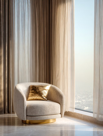 A stylish living space featuring a soft, inviting armchair set against large windows draped with sheer curtains, offering a scenic urban panorama and a tranquil ambiance.の写真素材