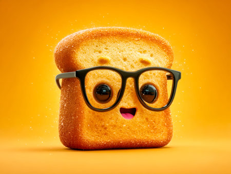 A cheerful, animated bread slice with stylish glasses and a bright smile, set against a vibrant...