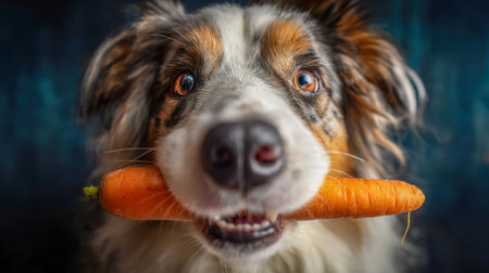 A lively pup with sparkling eyes gently grasps a vibrant, crunchy orange vegetable, its plush fur highlighted against a moody, blurred backdrop.の写真素材