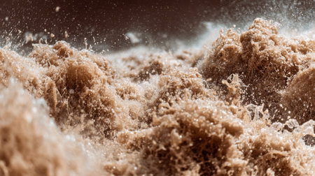 Churning, frothy currents fiercely, dyed in muddy brown, capturing intense natural force and chaotic...