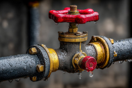 An aged metallic valve adorned with glistening water droplets and weathered rust, showing intricate...