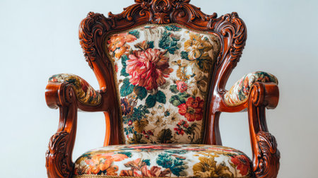 An elegant vintage chair featuring intricate wood carvings and lush floral fabric, evoking timeless sophistication and charming heritage style.の写真素材