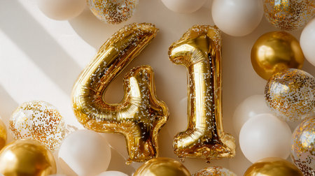 A vibrant space filled with shimmering gold and crisp white balloons, featuring a glittering 41 foil...