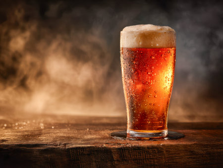 A crisp, effervescent drink with a golden hue and lively bubbles rests in a chilled glass, set...