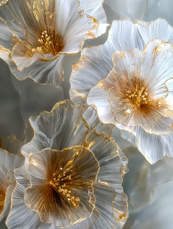 A sophisticated botanical design featuring graceful blossoms highlighted with shimmering gold...