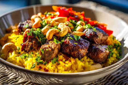 A vibrant dish featuring fragrant seasoned rice topped with tender beef, crunchy cashews, and bright...