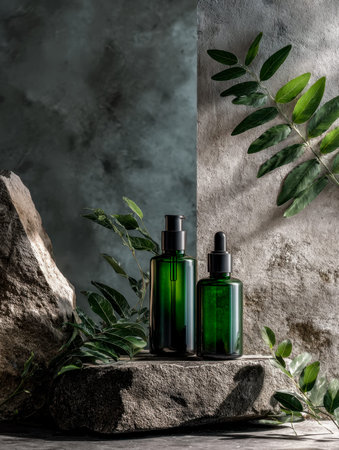 Vibrant emerald bottles accented with lush leaves, set against a textured stone surface, evoking natural sophistication and rustic charm.の写真素材