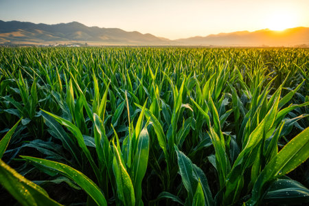 Bathed in warm evening light, vibrant corn stalks sway against towering mountains, evoking serenity and the bounty of nature's quiet majesty.の写真素材